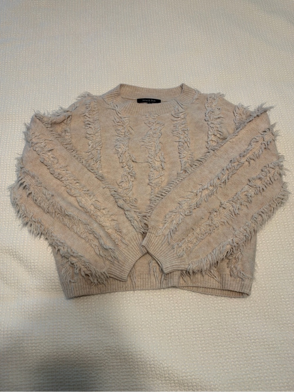 Textured Fringe Crewneck Sweater - Beige